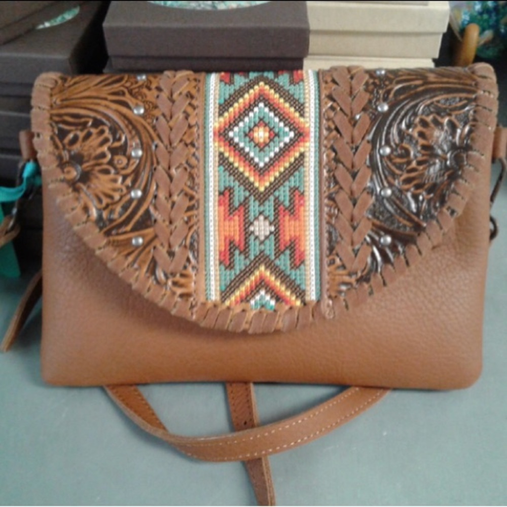 Leather and beaded crossbody